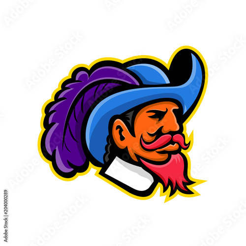 Mascot icon illustration of head of a musketeer or cavalier wearing a cavalier hat that is wide-brimmed and trimmed with an ostrich plume viewed from side on isolated background in retro style.