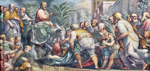 PARMA WŁOCHY, KWIECIEŃ, - 16, 2018: Fresk wejście Jezus w Jerozolima w Duomo Lattanzio Gambara (Niedziela Palmowa) (1567-1573).