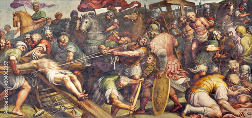PARMA, ITALY - APRIL 16, 2018: The fresco of Exaltation of the Holy Cross in Duomo by Lattanzio Gambara (1567 - 1573).