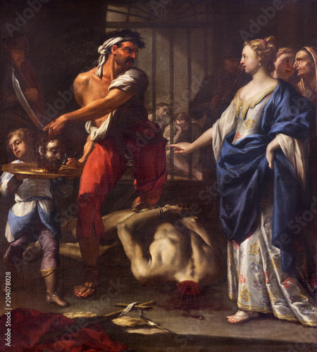 REGGIO EMILIA, ITALY - APRIL 13, 2018: The painting of Decapitation of st. John the Baptist in church Chiesa di Santo Stefano by Sebastiano Galeotti (1676 - 1746).
