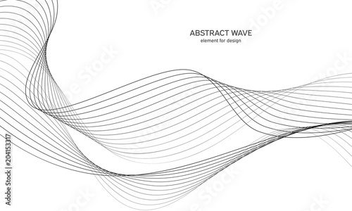 Abstract wave element for design. Digital frequency track equalizer. Stylized line art background. Vector illustration. Wave with lines created using blend tool. Curved wavy line, smooth stripe.