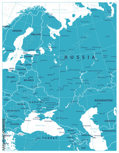 Eastern Europe Map Aqua Blue Color