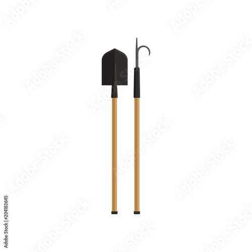 Flat vector illustration of metal pike pole and shovel with wooden handles. Tools using for prevent or extinguish fire