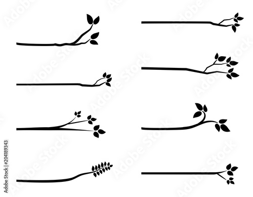 Black vector tree branch silhouettes with leaves for graphic design, backgrounds and greeting cards