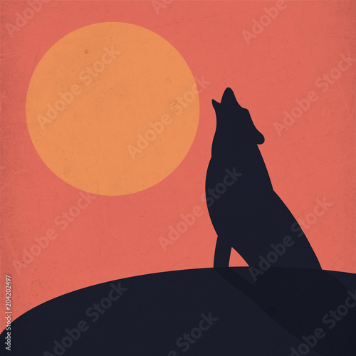 Illustration of a lonely wolf howling in the night in front of the moon