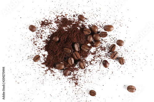Pile of powder, instant coffee and beans isolated on white background, top view