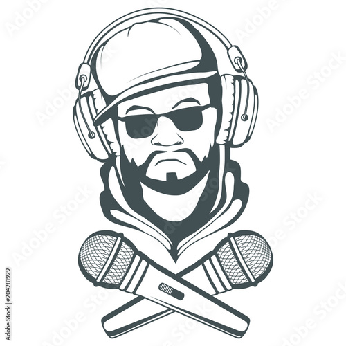 Rap music logo. Rapper skull on white background. Lettering with a microphone. Vector graphics to design.