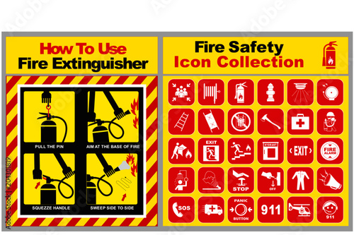 set of fire safety icon collection and how to use fire extinguisher banner. easy to modify