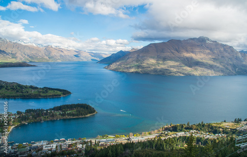 The spectacular landscape of Lake Wakatipu and mountains in Queenstown, New Zealand view from Queenstown gondola.