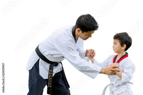 Teacher Black belt Taekwondo Fighter Kid Punch Guard Stand for Flight isolated on white background with clipping path