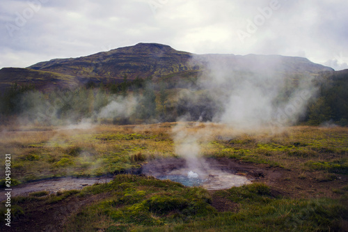 The geothermal field in Haukadalur Iceland. Small boiling and steaming geyser, field and hill in the background. One of the most famous tourist attractions in The Golden Circle.