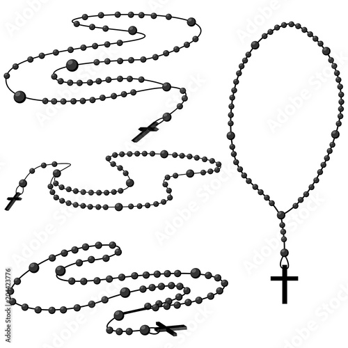 Holy rosary beads vector set. Prayer Catholic chaplet with a cross icons isolated on white background.