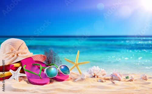 Beach Accessories With Seashells On Seashore - Summer Holidays 