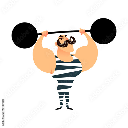 Funny cartoon circus strong man. A strong muscular athlete lifts the barbell. Retro sportsman with a mustache. Flat vector guy character with heavy metal barbell. Bodybuilder illustration. Power