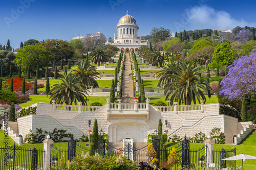 View of Bahai gardens and the Shrine of the Bab on mount Carmel in Haifa, Israel.