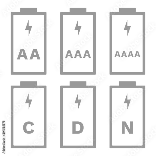 AAA, AAAA, AAAAA, C, D, N battery size. Vector icon.