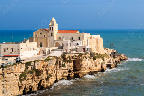 Italy, Foggia, Apulia, SE Italy, Gargano National Park, Vieste. Old town of Vieste cityscape with medieval church of St. San Francesco at the tip of the peninsula in Gargano, Apulia, Italy.