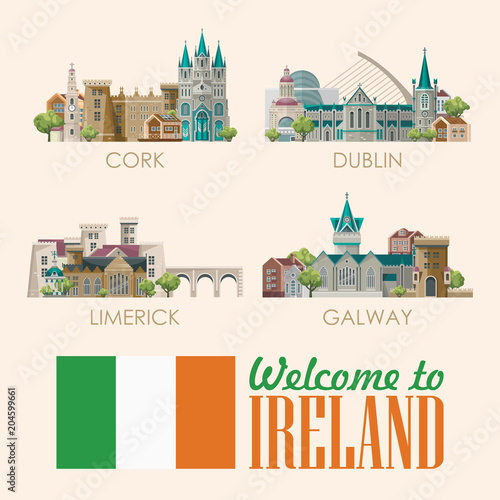 Ireland vector illustration with landmarks, irish castle, green fields.