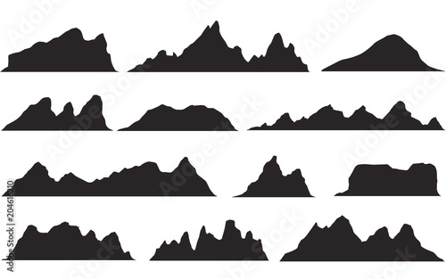 Set of black and white mountain silhouettes.Background border of rocky mountains.