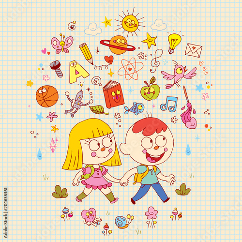 boy and girl going to school - learning education knowledge illustration