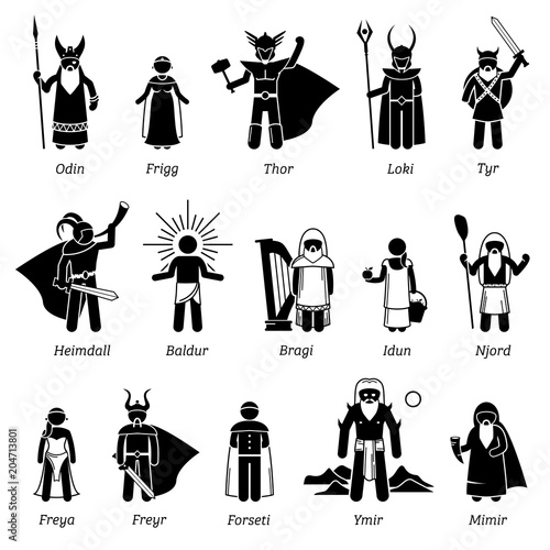 Ancient Norse Mythology Gods and Goddesses Characters Icon Set