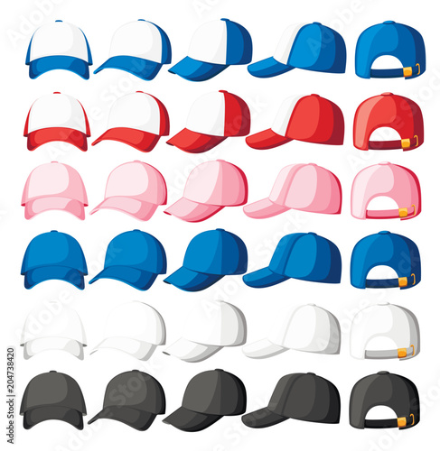Baseball cap. Collection of various caps. Blue, white, pink and red colors. Summer hats for children and adults. Cartoon style design. Vector illustration isolated on white background