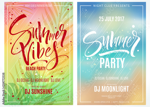Summer party posters. Hand written lettering with exotic palm leaves and plants background. Brush painted letters, modern calligraphy, vector illustration