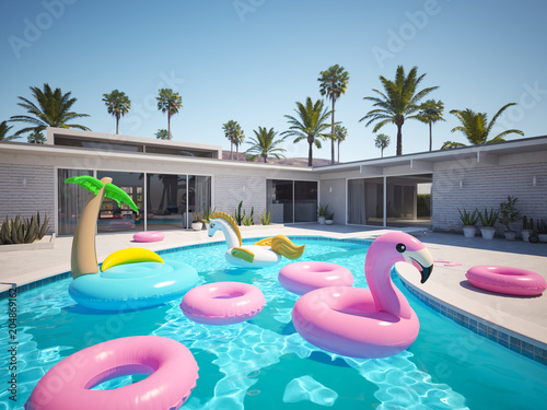 3D rendering. a lot of different floats in a pool