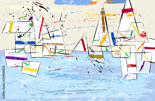 Abstract, modern art inspired illustration of sailboats, vector format.