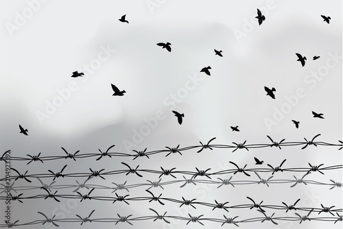 Barbed wire fencing. Fence made of wire with spikes. Black and white illustration to the holocaust. Console camp.