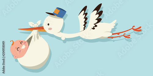 Cute cartoon stork and baby. Vector illustration of a flying bird carrying a newborn kid isolated on a blue background.