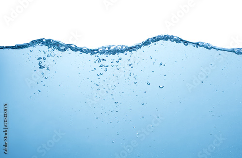 blue water with air bubbles and splash on white background