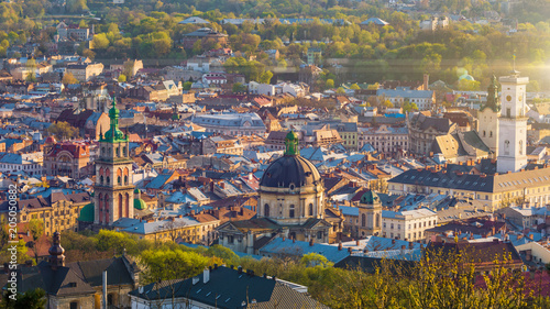 Aerial view of historical old city district of Lviv, Ukraine