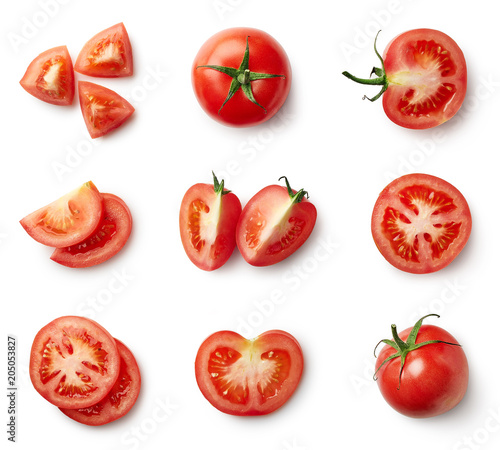 Set of fresh whole and sliced tomatoes