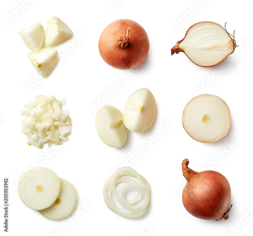 Set of fresh whole and sliced onions
