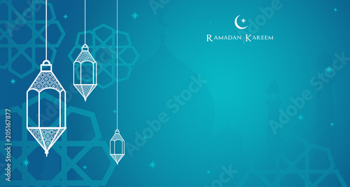 Night view of the Arabic lantern and shadow of mosque, Ramadan Kareem background Vector illustration.