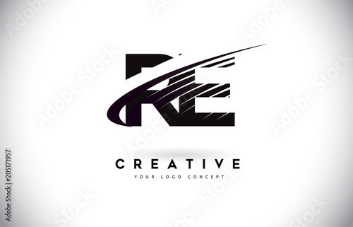 RE R E Letter Logo Design with Swoosh and Black Lines.