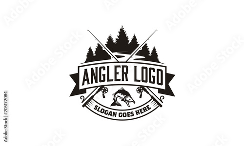 Bass Carp Salmon with Pines Conifer Evergreen Tree for Forest River Creek Angler Fishing Emblem Logo design 
