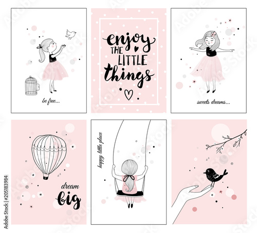 Cute little girl with bird and quotes, posters for baby room, greeting cards, kids and baby t-shirts and wear, hand drawn nursery illustration