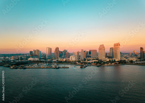 San Diego bay area cityscape with high buildings and the ocean