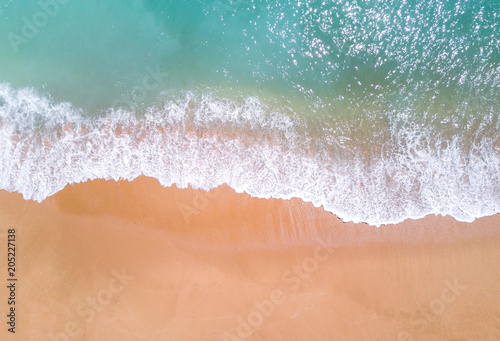 Aerial view of tropical sandy beach and ocean. Copy space