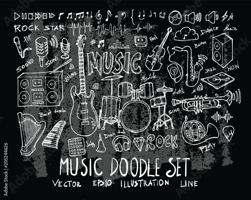 Hand drawn Sketch doodle vector line Music element icon set on Chalkboard eps10
