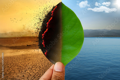 Climate change and Global warming concept. Burning leaf at land of cracked earth metaphor drought. Green leaf with river and beautiful clear sky metaphor Abundance of Nature.