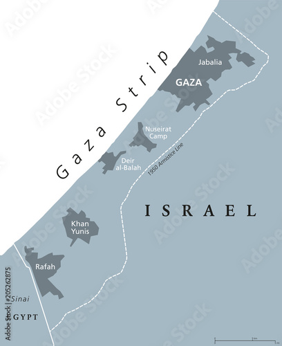 Gaza Strip political map. Self governing Palestinian territory on coast of Mediterranean Sea. Borders to Israel and Egypt. Claimed by State of Palestine. English labeling. Gray illustration. Vector.