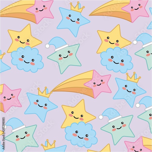 kawaii star cloud crown cartoon pattern vector illustration