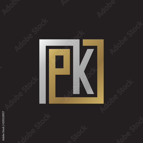 Initial letter PK, looping line, square shape logo, silver gold color on black background