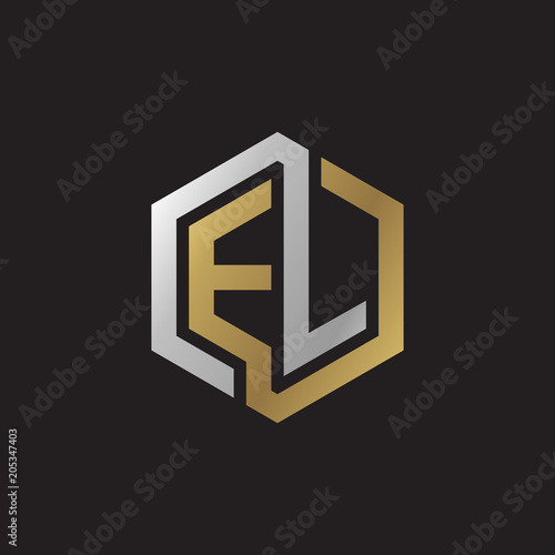 Initial letter EL, looping line, hexagon shape logo, silver gold color on black background