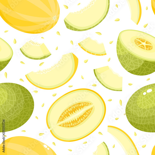 Vector seamless pattern with cartoon melons isolated on white.
