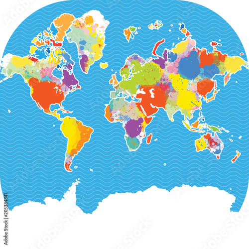  Colorful world map with vector splatters