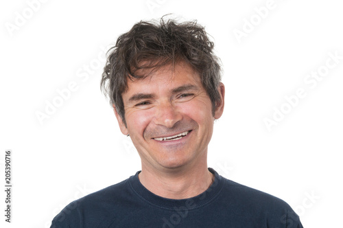 Portrait og laughing adult man on white bacground